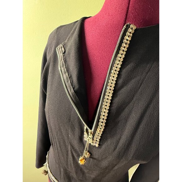 Vintage 1930s Black Crepe Top Blouse Rhinestone Embellished Size S - Picture 11 of 16